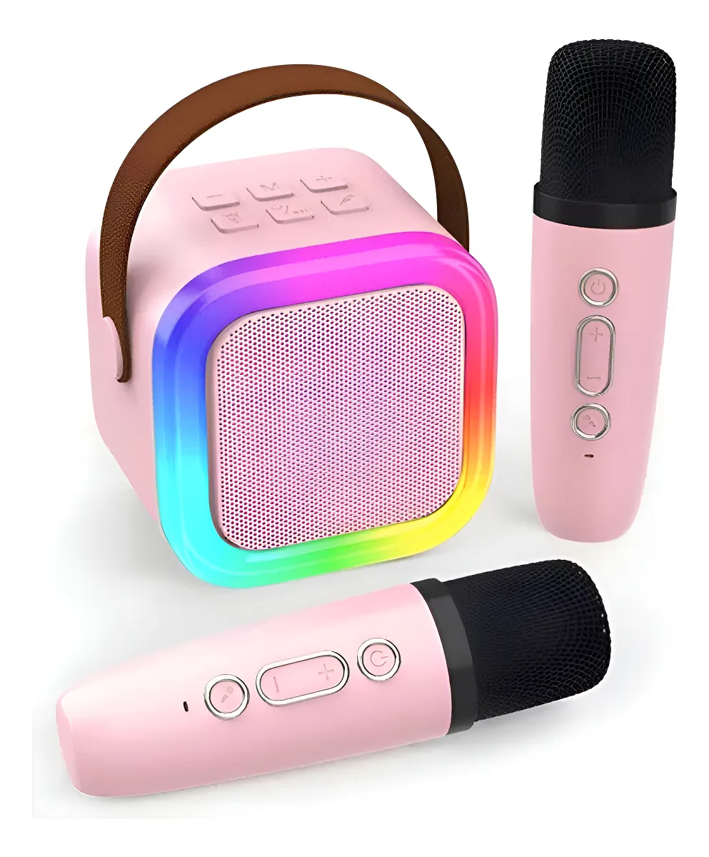 MINI KARAOKE INFANTIL CON LUCES LED+ 2 MICRÓFONOS INALÁMBRICOS | Bluetooth – USB – SD | Recargable |