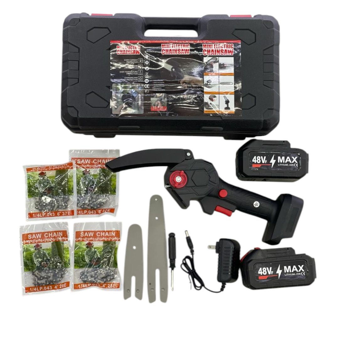 Mini Motosierra Recargable con 2 Espadas, de 6 y 4 Pulgadas + 4 Cadenas + 2 Baterías 48V + estuche