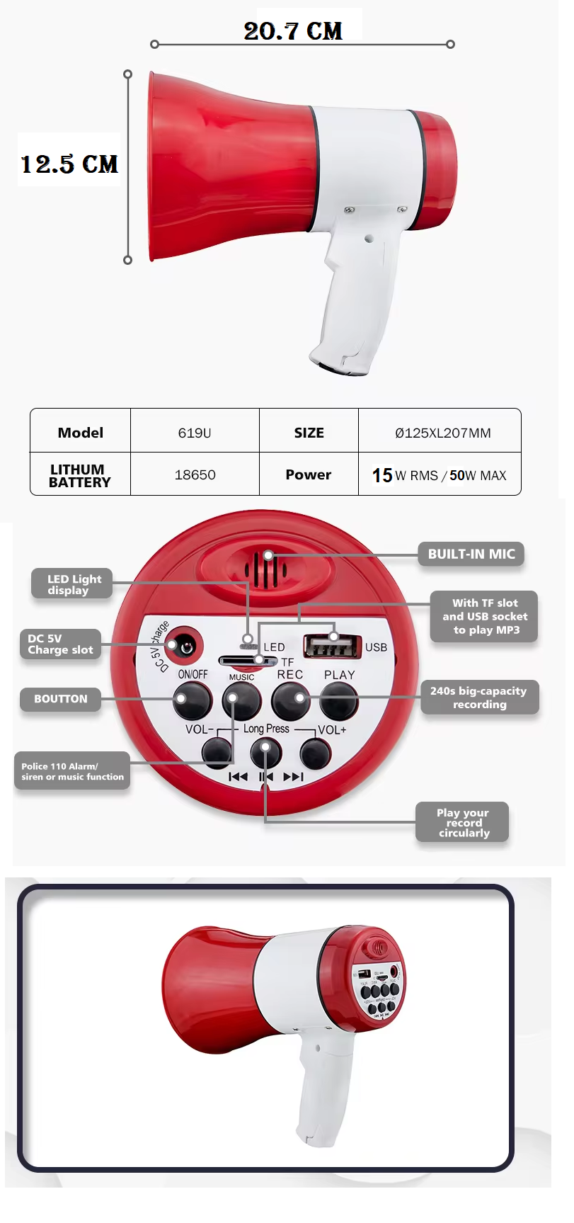 🔊 MEGÁFONO RECARGABLE POTENTE CON BLUETOOTH, USB Y GRABACIÓN