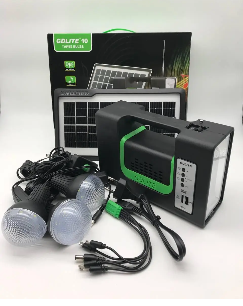 🟢 💡 SISTEMA DE ILUMINACIÓN SOLAR GDLITE - 10 🔋  CON BLUETOOTH - RADIO Y PANEL