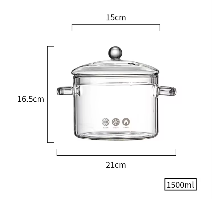 Olla de Vidrio Transparente de Borosilicato 1.5L – Saludable y Resistente al Calor Con tapa