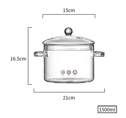 Olla de Vidrio Transparente de Borosilicato 1.5L – Saludable y Resistente al Calor Con tapa