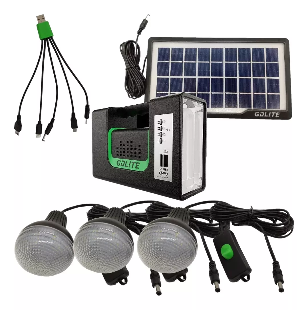 🟢 💡 SISTEMA DE ILUMINACIÓN SOLAR GDLITE - 10 🔋  CON BLUETOOTH - RADIO Y PANEL