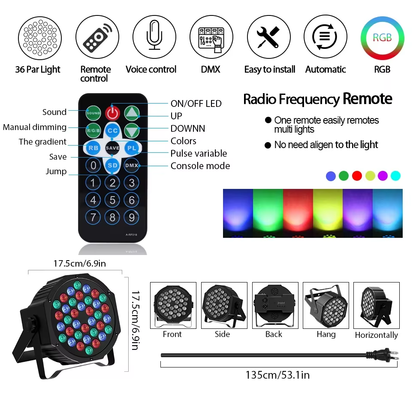 🟣✨ Proyector de Escenario PAR LED RGB 36 LEDs con DMX y Control Remoto