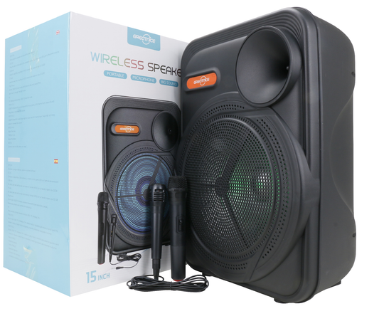 🧨 CABINA PARLANTE 15” + 2 MICRÓFONOS – POTENTE 35W Y RECARGABLE 🔊🎤 / GTS-1883