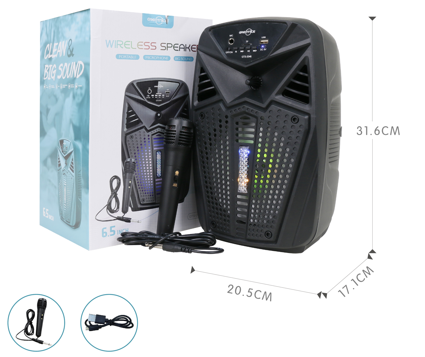 🔊✨ Bocina Parlante 6.5” Bluetooth GTS-2046 con Luz LED y Micrófono