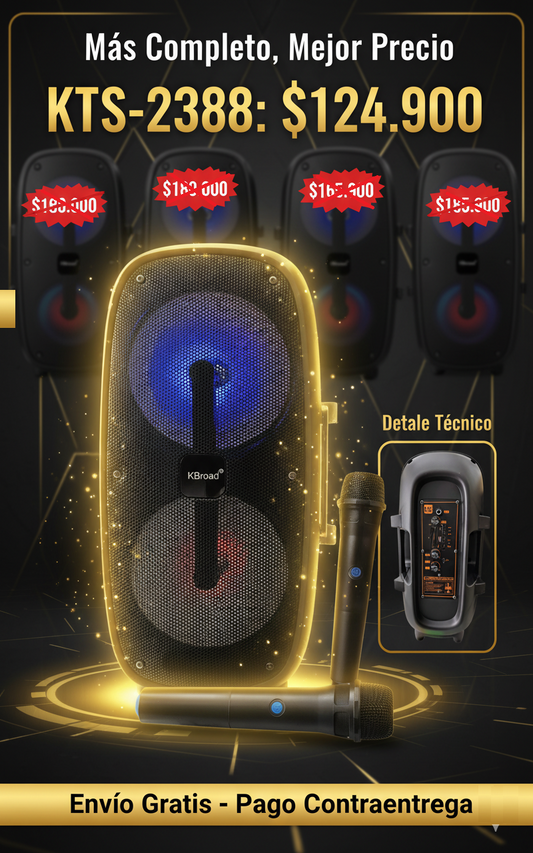 🎶 Cabina Parlante KTS-2388 con Doble Bocina de 6.5” + Micrófono Inalámbrico