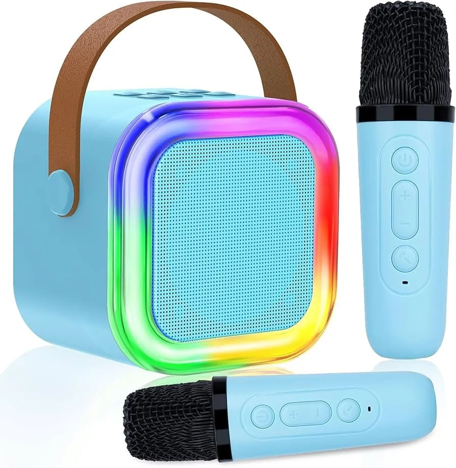 MINI KARAOKE INFANTIL CON LUCES LED+ 2 MICRÓFONOS INALÁMBRICOS | Bluetooth – USB – SD | Recargable |