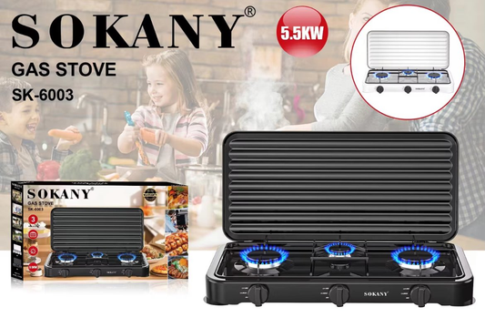 🔥 Estufa Portátil a Gas Sokany SK-6003 – 3 Quemadores, Diseño Elegante y Alta Potencia – ¡Cocina Donde Quieras!