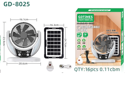 🌬️ VENTILADOR SOLAR RECARGABLE CON LAMPARA Y BOMBILLO