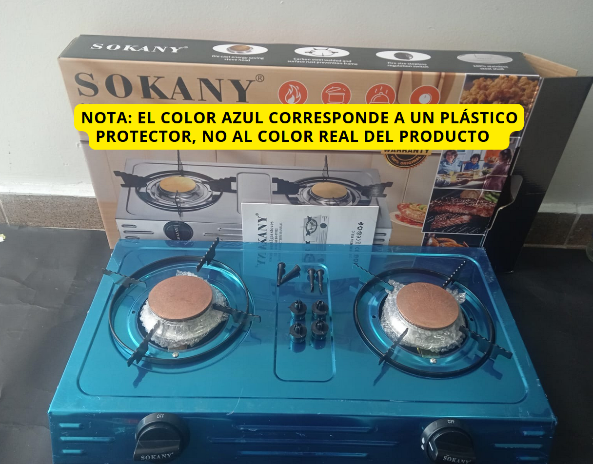 🔥 Estufa a Gas 2 Puestos SOKANY SK-07022 – Acero Inoxidable, Portátil, Ecológica