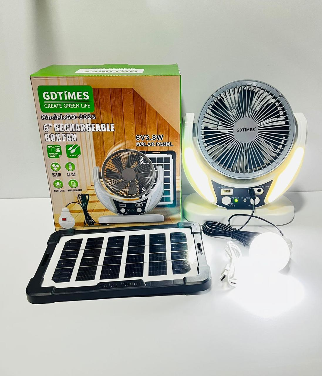 🌬️ VENTILADOR SOLAR RECARGABLE CON LAMPARA Y BOMBILLO