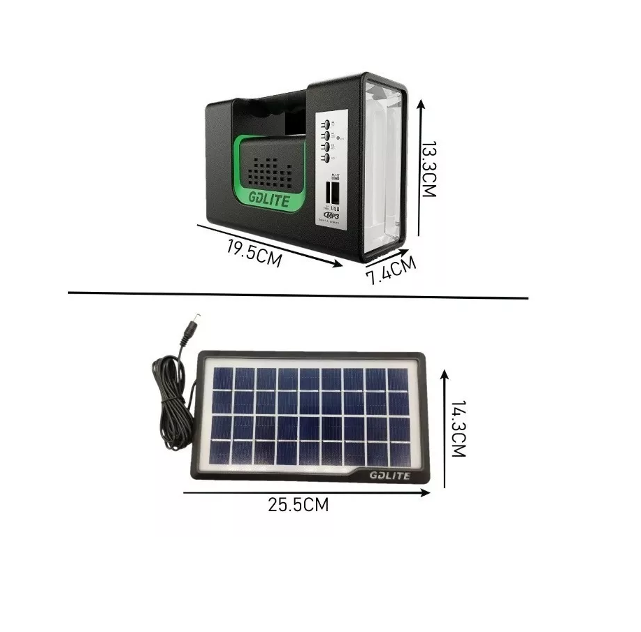 🟢 💡 SISTEMA DE ILUMINACIÓN SOLAR GDLITE - 10 🔋  CON BLUETOOTH - RADIO Y PANEL