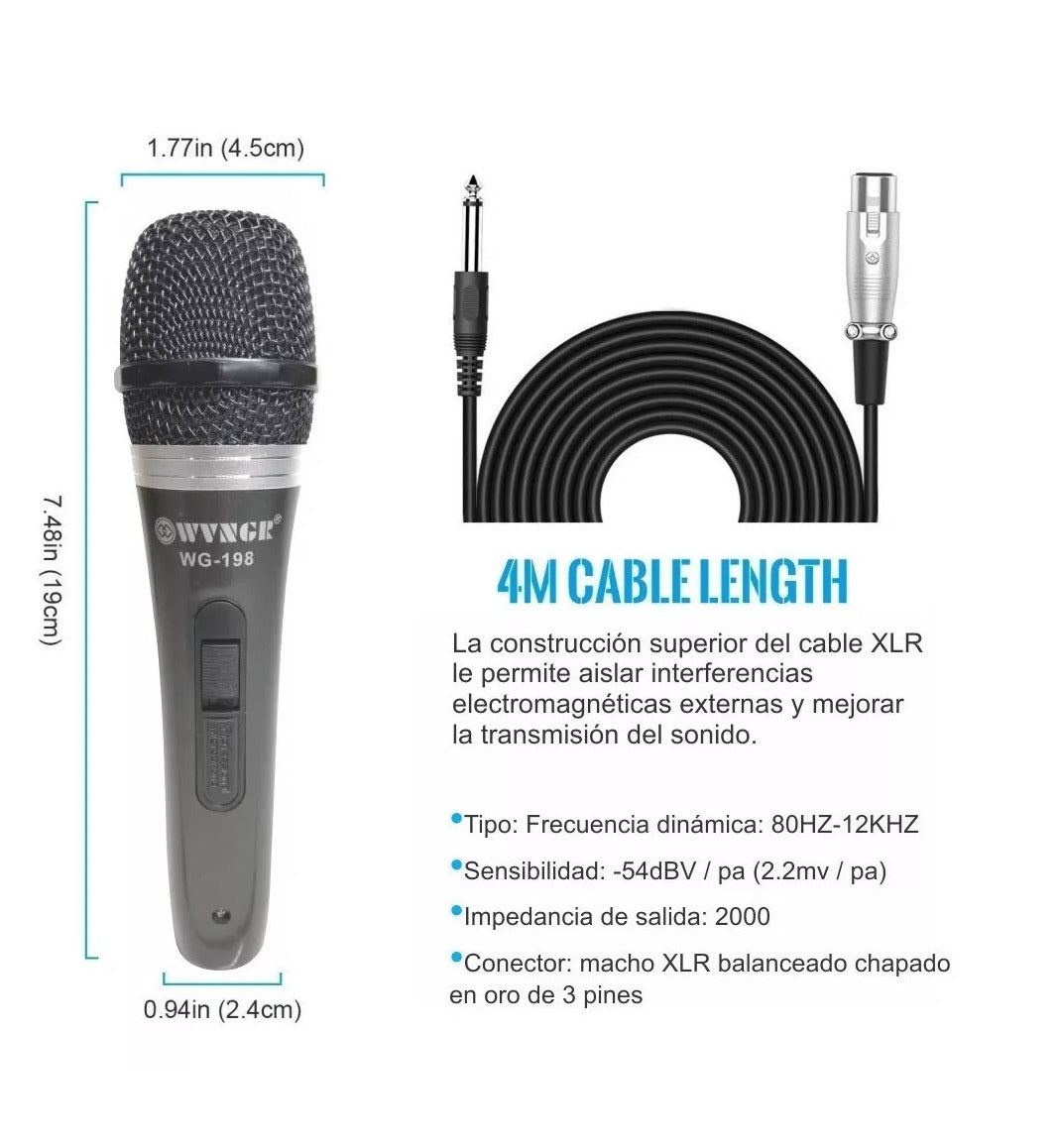 🎤MICRÓFONO ALÁMBRICO WG-198 CON BOTÓN DE ENCENDIDO/APAGADO