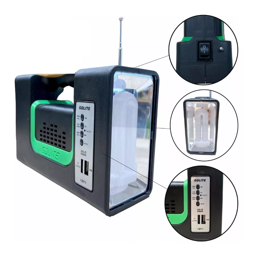 🟢 💡 SISTEMA DE ILUMINACIÓN SOLAR GDLITE - 10 🔋  CON BLUETOOTH - RADIO Y PANEL