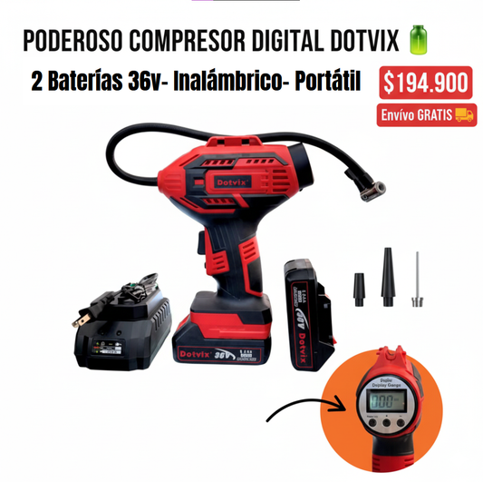 🔥 PODEROSO COMPRESOR DE AIRE PORTÁTIL DIGITAL DOTVIX 🔋 CON 2 BATERÍAS RECARGABLES DE 36V 🚗