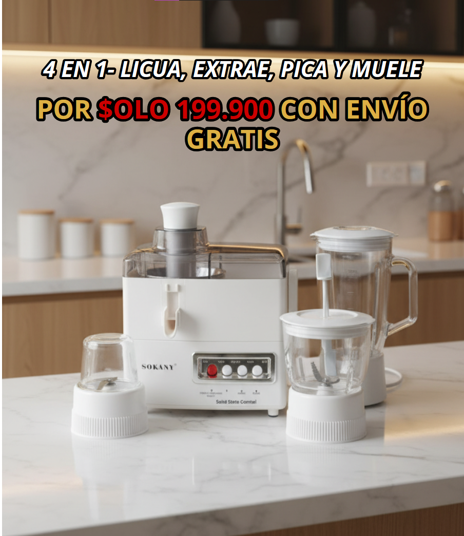 🧃 EXTRACTOR 4 EN 1 SOKANY CON VASOS DE VIDRIO : LICUA + EXTRAE + PICA + MUELE