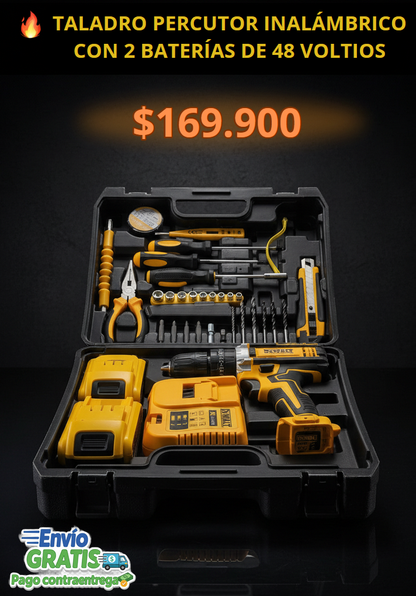 🔨 TALADRO PERCUTOR INALÁMBRICO 48V DOBLE BATERÍA + 30 ACCESORIOS