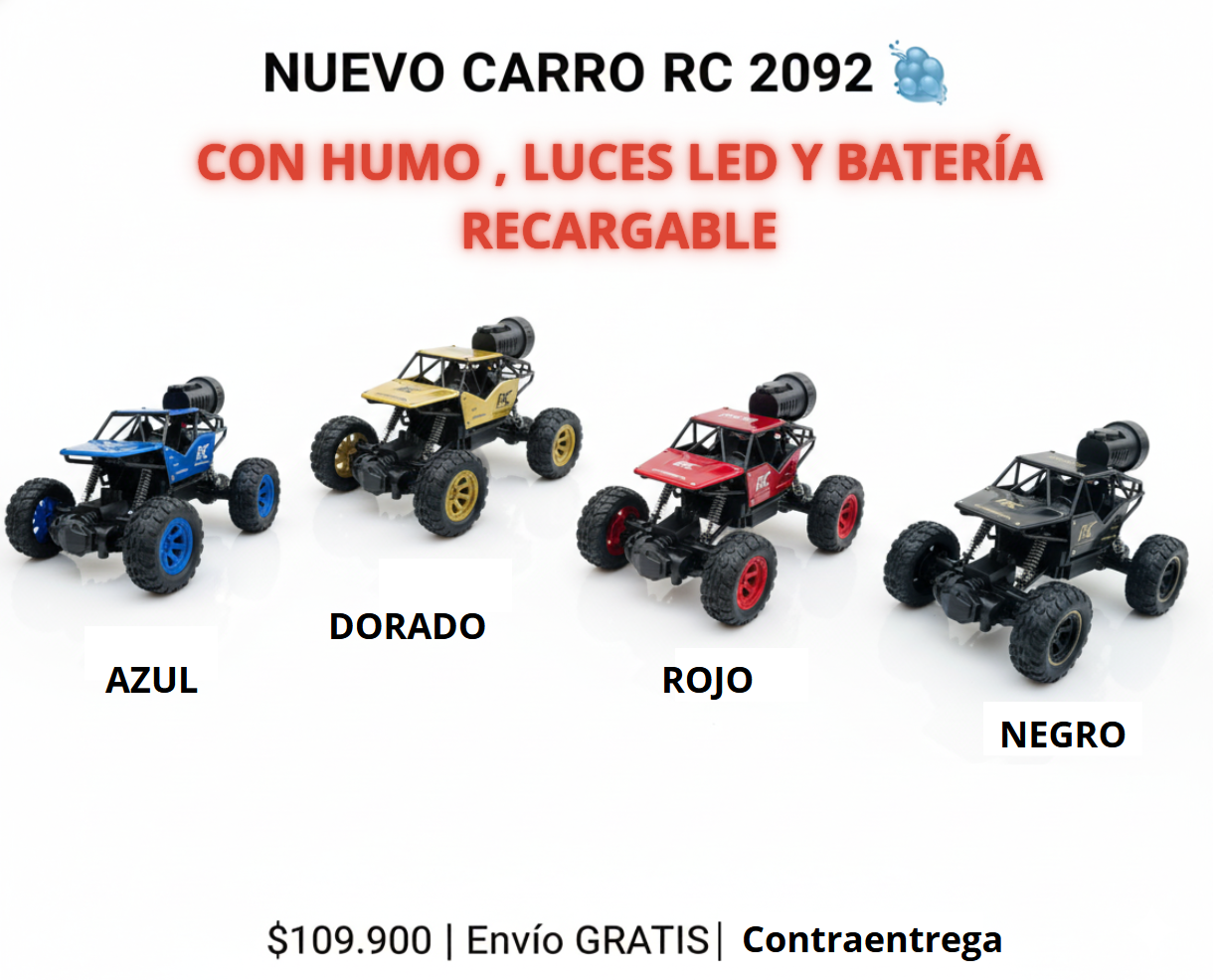 🚗💨 CARRO A CONTROL REMOTO RC 2092 CON HUMO, LUCES LED Y BATERÍA RECARGABLE