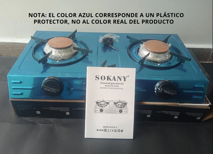🔥 Estufa a Gas 2 Puestos SOKANY SK-07022 – Acero Inoxidable, Portátil, Ecológica