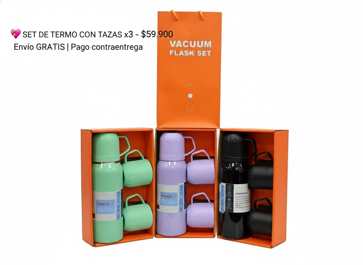 ✨ SET DE TERMO METÁLICO CON 3 TAZAS – 500ML