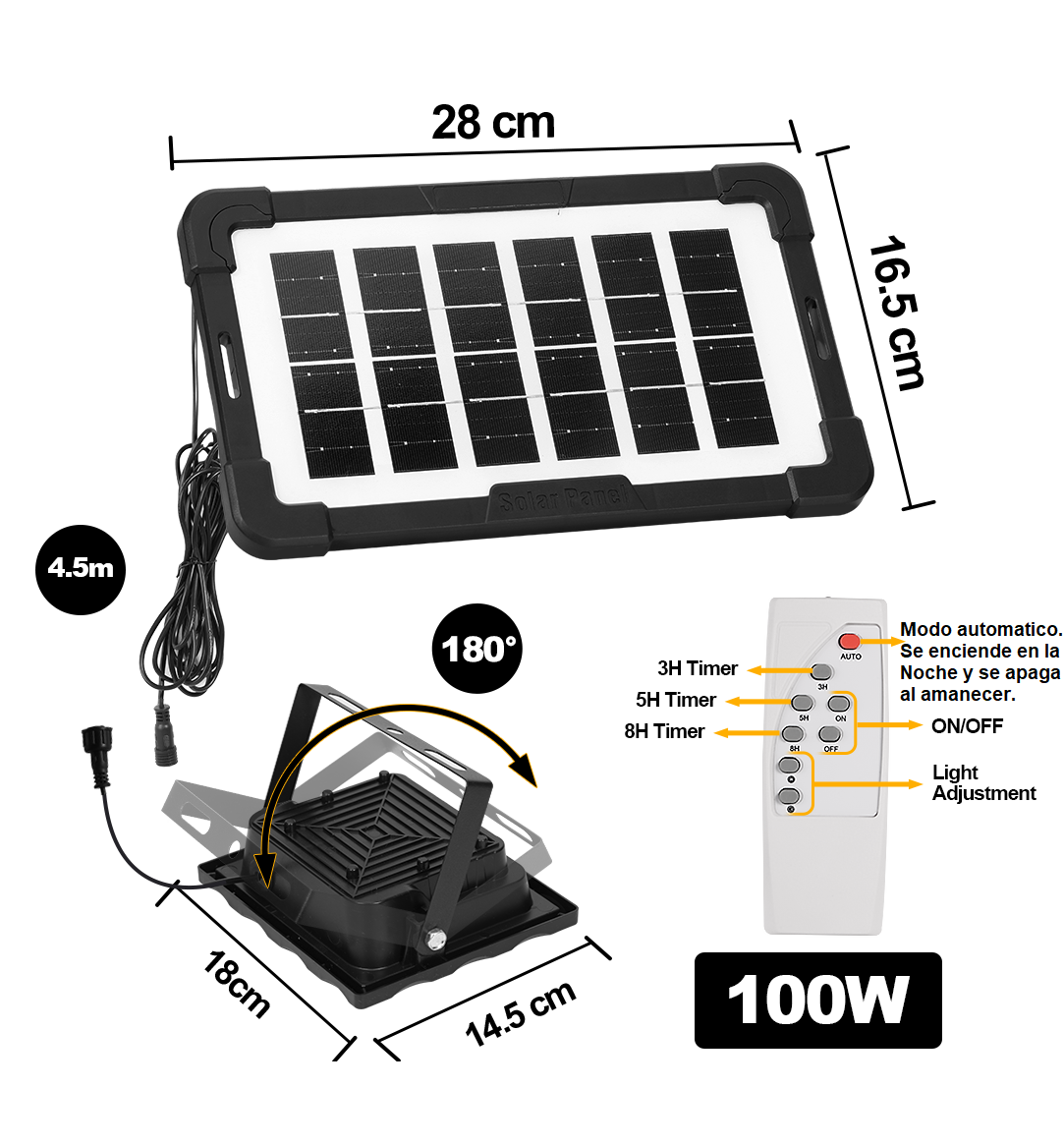 Reflector Solar LED 100W con Control Remoto – Resistente al Agua – Iluminación Automática