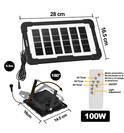 Reflector Solar LED 100W con Control Remoto – Resistente al Agua – Iluminación Automática