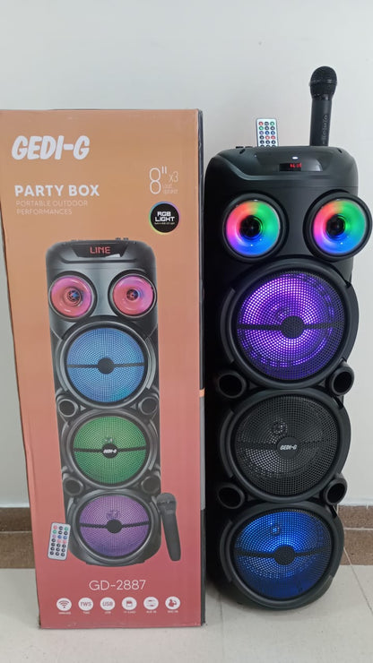 🔊 Parlante Torre Recargable GEDI-G GD-2887 | 3 Bocinas de 8” – 60W RMS | Micrófono Inalámbrico | Luces LED RGB | Funciona Mientras Carga