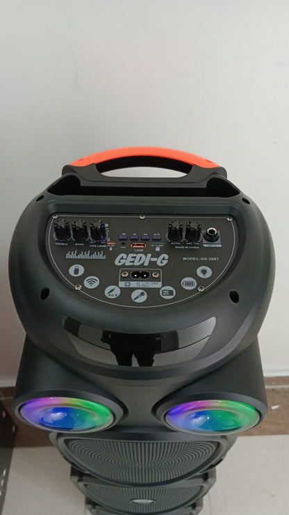 🔊 Parlante Torre Recargable GEDI-G GD-2887 | 3 Bocinas de 8” – 60W RMS | Micrófono Inalámbrico | Luces LED RGB | Funciona Mientras Carga