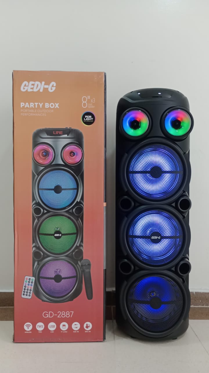 🔊 Parlante Torre Recargable GEDI-G GD-2887 | 3 Bocinas de 8” – 60W RMS | Micrófono Inalámbrico | Luces LED RGB | Funciona Mientras Carga
