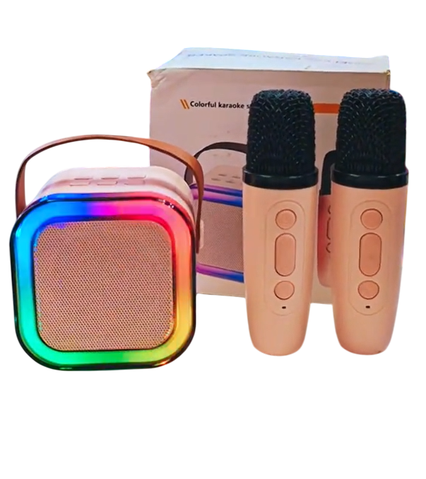 MINI KARAOKE INFANTIL CON LUCES LED+ 2 MICRÓFONOS INALÁMBRICOS | Bluetooth – USB – SD | Recargable |