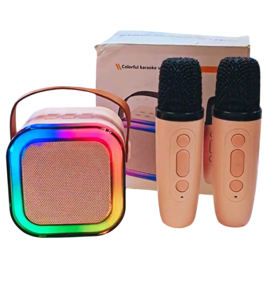 MINI KARAOKE INFANTIL CON LUCES LED+ 2 MICRÓFONOS INALÁMBRICOS | Bluetooth – USB – SD | Recargable |